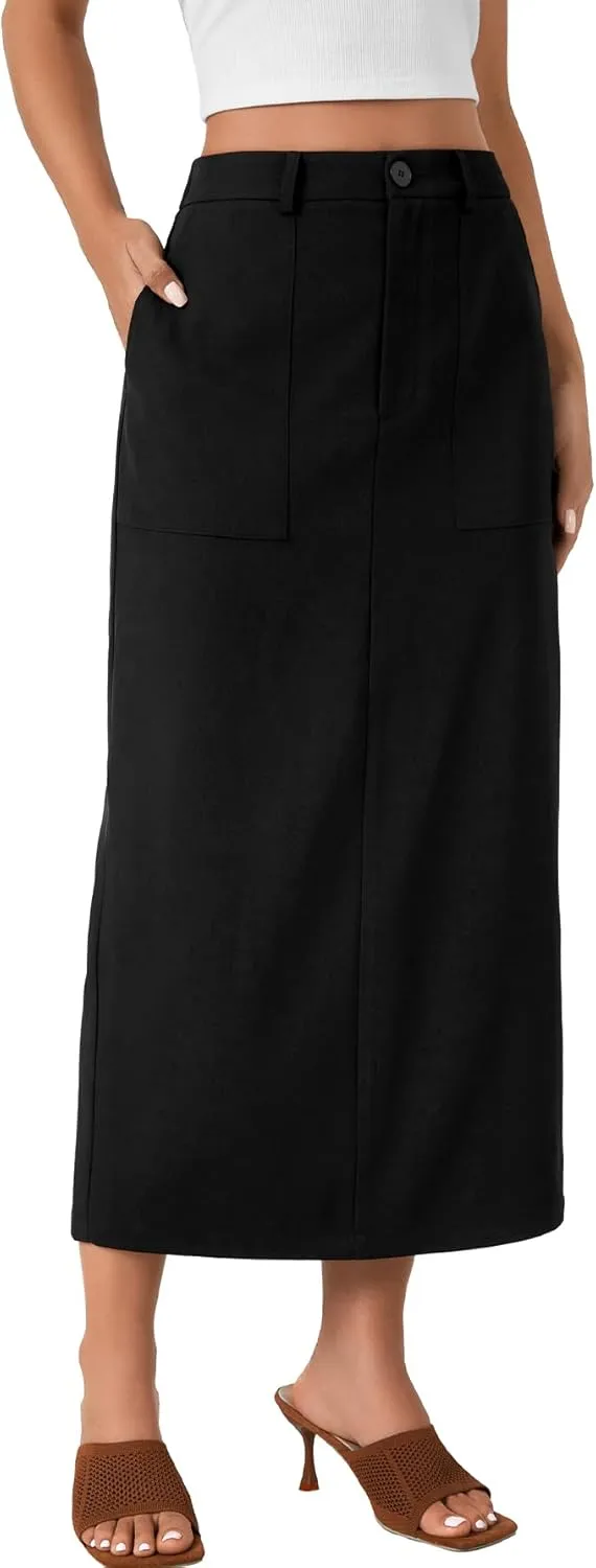 Rooscier Women's Split Back Elastic High Waist Pencil Cargo Midi Long Skirt with Pockets