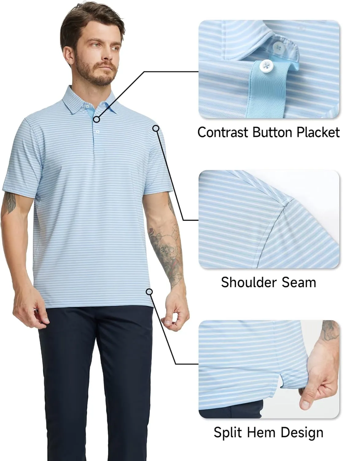 Rouen Golf Shirts for Men Moisture Wicking Lightweight Dry fit Performance Sports Stripe Collared Golf Polo Shirts for Men