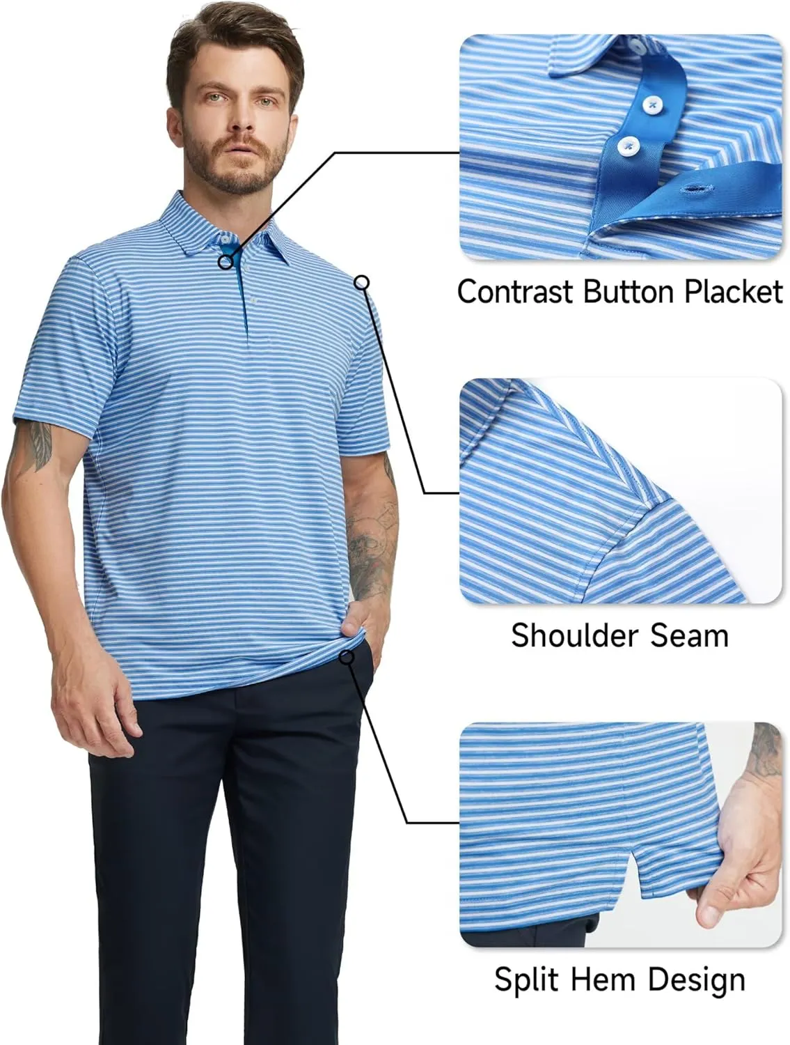 Rouen Golf Shirts for Men Moisture Wicking Lightweight Dry fit Performance Sports Stripe Collared Golf Polo Shirts for Men