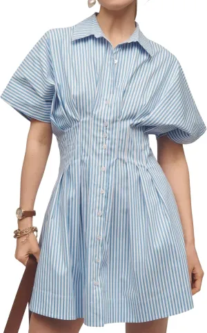 SAFRISIOR Women Button Front Pleated Mini Shirt Dress Summer Short Sleeve Striped Blouse Casual Corset Dresses