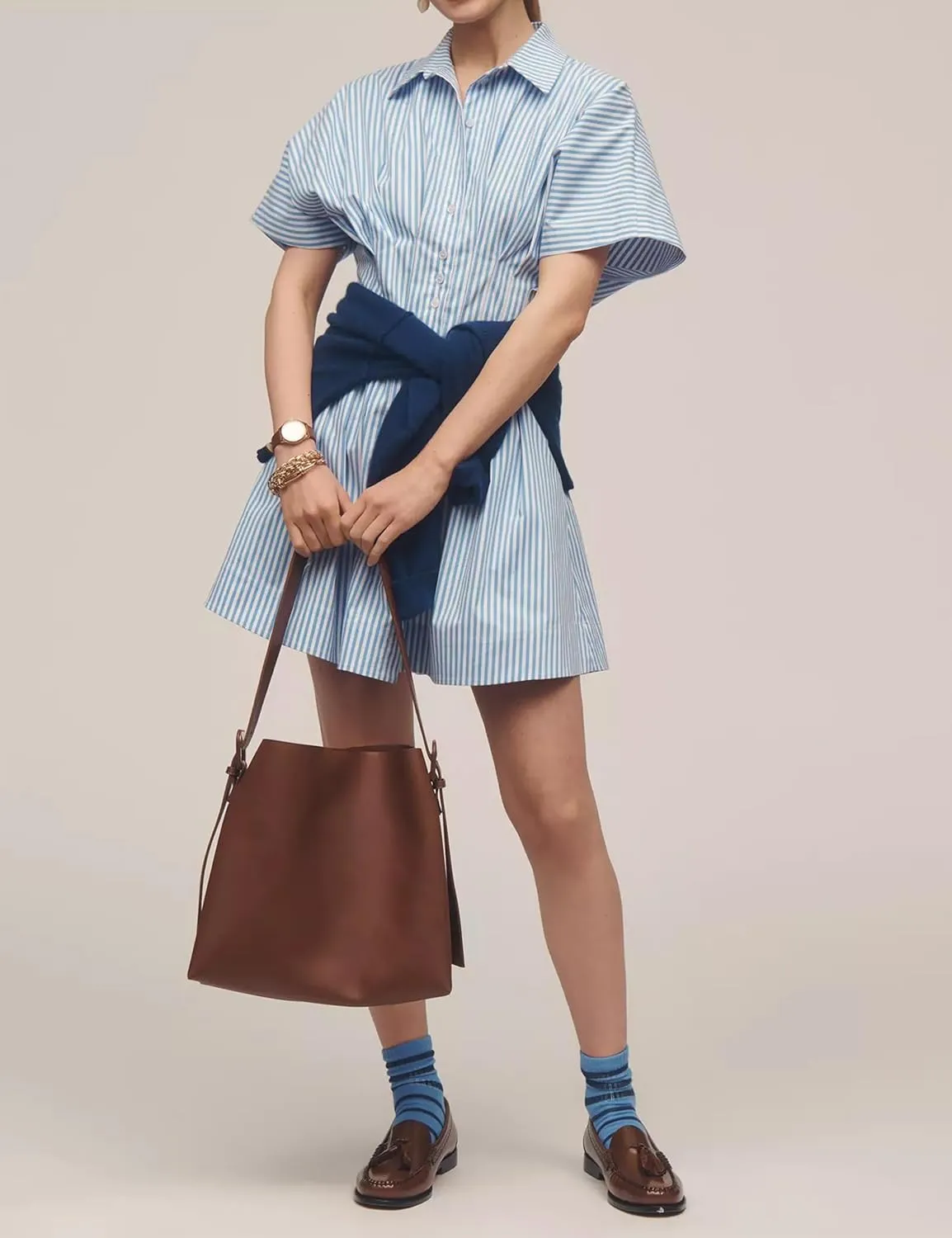 SAFRISIOR Women Button Front Pleated Mini Shirt Dress Summer Short Sleeve Striped Blouse Casual Corset Dresses