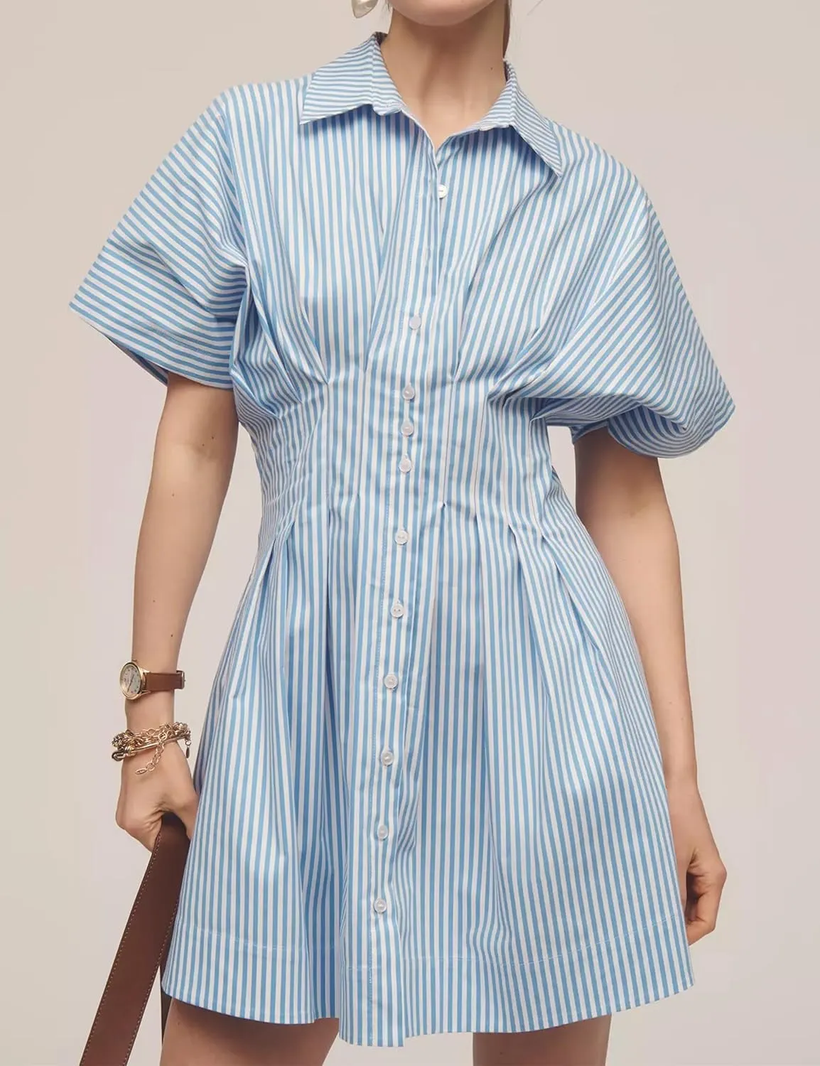 SAFRISIOR Women Button Front Pleated Mini Shirt Dress Summer Short Sleeve Striped Blouse Casual Corset Dresses
