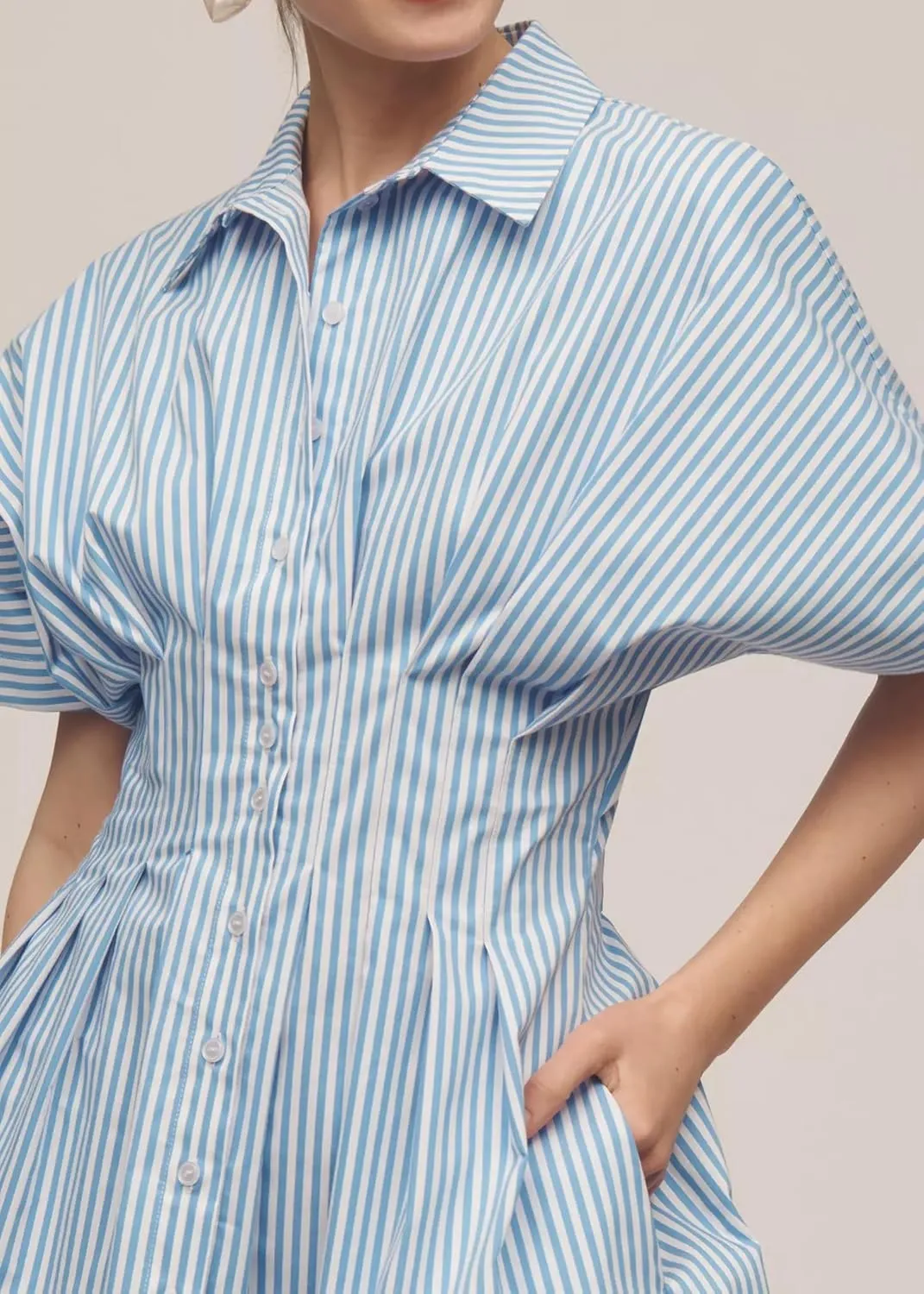 SAFRISIOR Women Button Front Pleated Mini Shirt Dress Summer Short Sleeve Striped Blouse Casual Corset Dresses