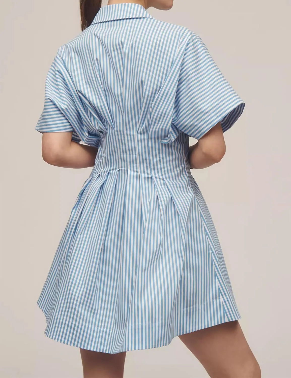 SAFRISIOR Women Button Front Pleated Mini Shirt Dress Summer Short Sleeve Striped Blouse Casual Corset Dresses