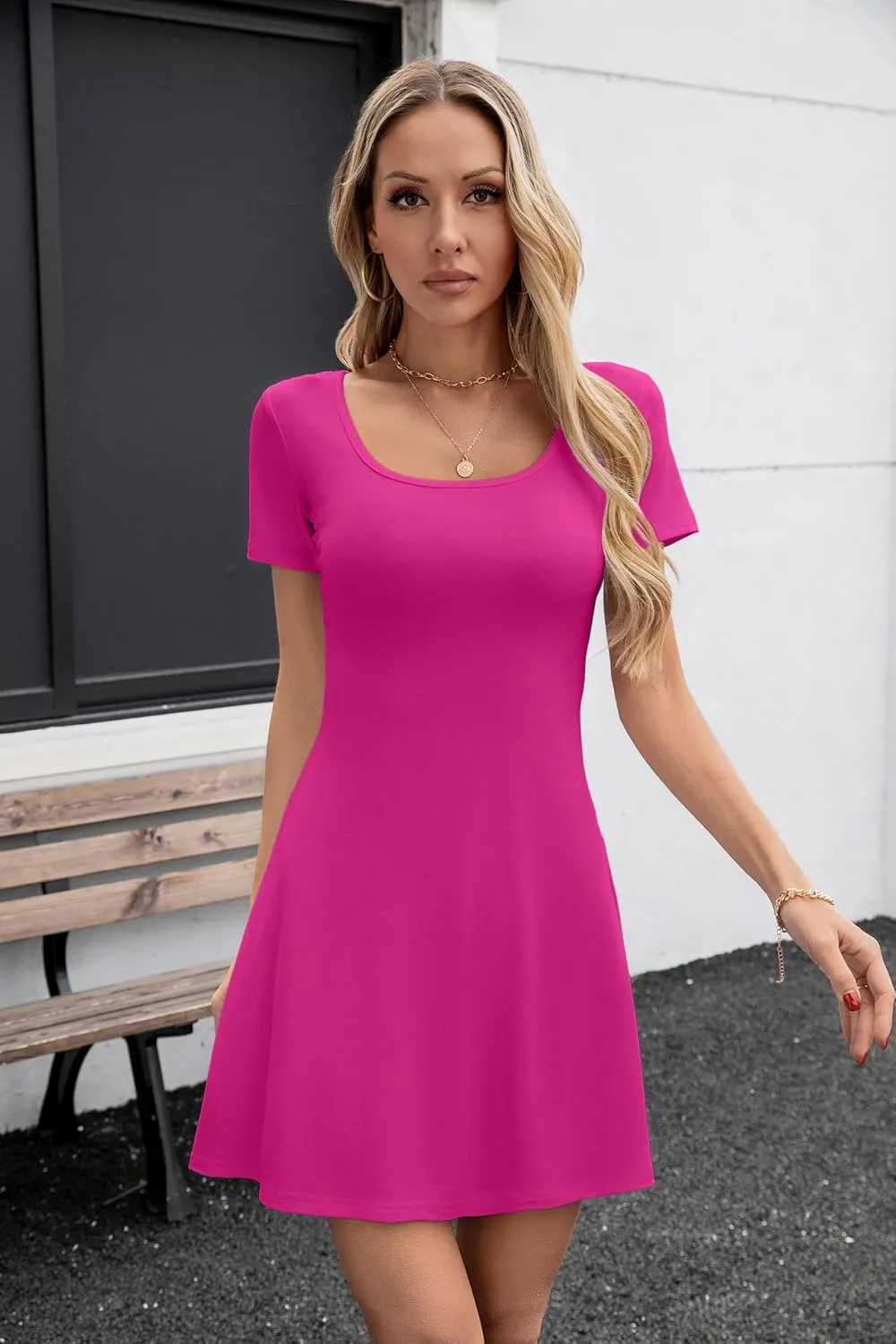 SANDERY Womens Summer Dress Square Neck Short Sleeve Ribbed Slim A Line Mini Fit and Flare Dresses 2025