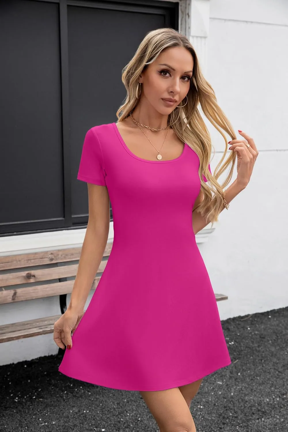 SANDERY Womens Summer Dress Square Neck Short Sleeve Ribbed Slim A Line Mini Fit and Flare Dresses 2025