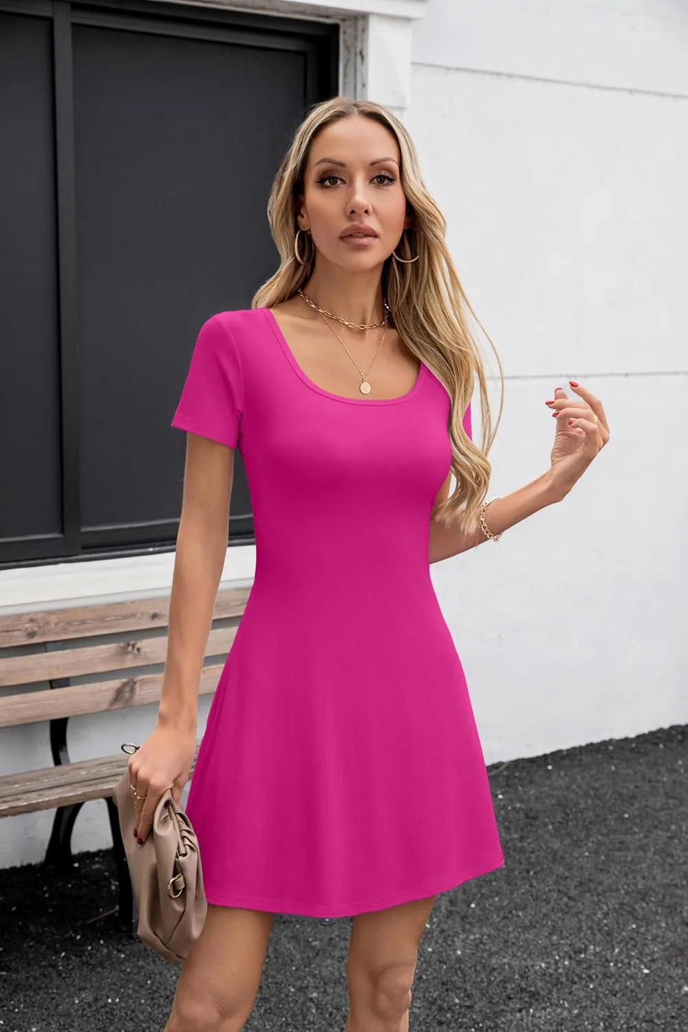 SANDERY Womens Summer Dress Square Neck Short Sleeve Ribbed Slim A Line Mini Fit and Flare Dresses 2025