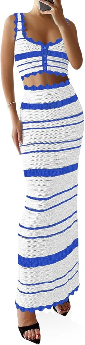 Saodimallsu Womens 2 Piece Sets Summer Striped Crochet Knit Coverup Sleeveless Button Crop Tank Top Bodycon Maxi Skirt