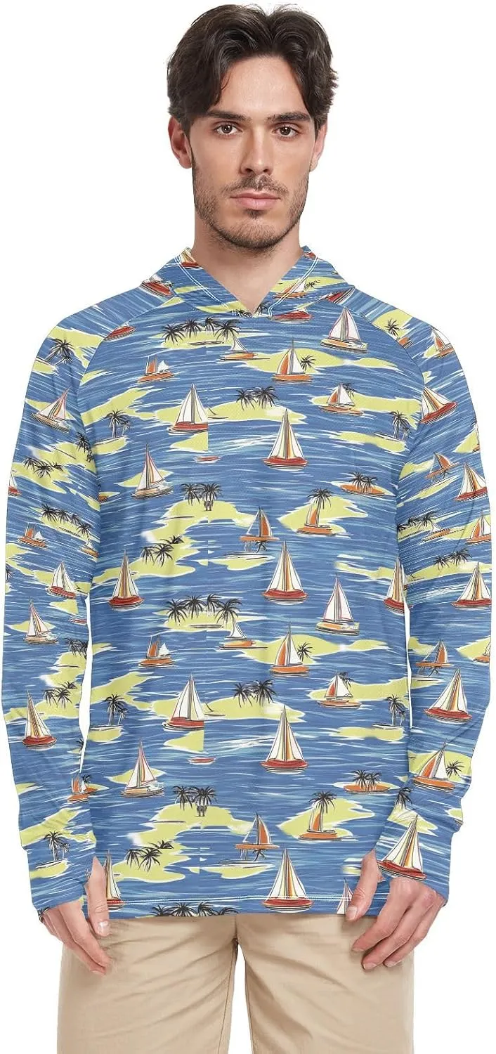 Seaside Sailboat Summer Scene Mens Sun Protection Hoodie Long Sleeve Mens Sun Shirts UPF 50  Quick-Dry Rash Guard Shirts for Men Sun Proof Shirts Camisas para trabajar en el sol