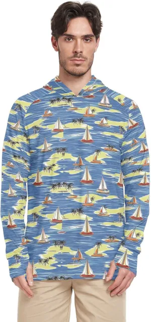 Seaside Sailboat Summer Scene Mens Sun Protection Hoodie Long Sleeve Mens Sun Shirts UPF 50  Quick-Dry Rash Guard Shirts for Men Sun Proof Shirts Camisas para trabajar en el sol