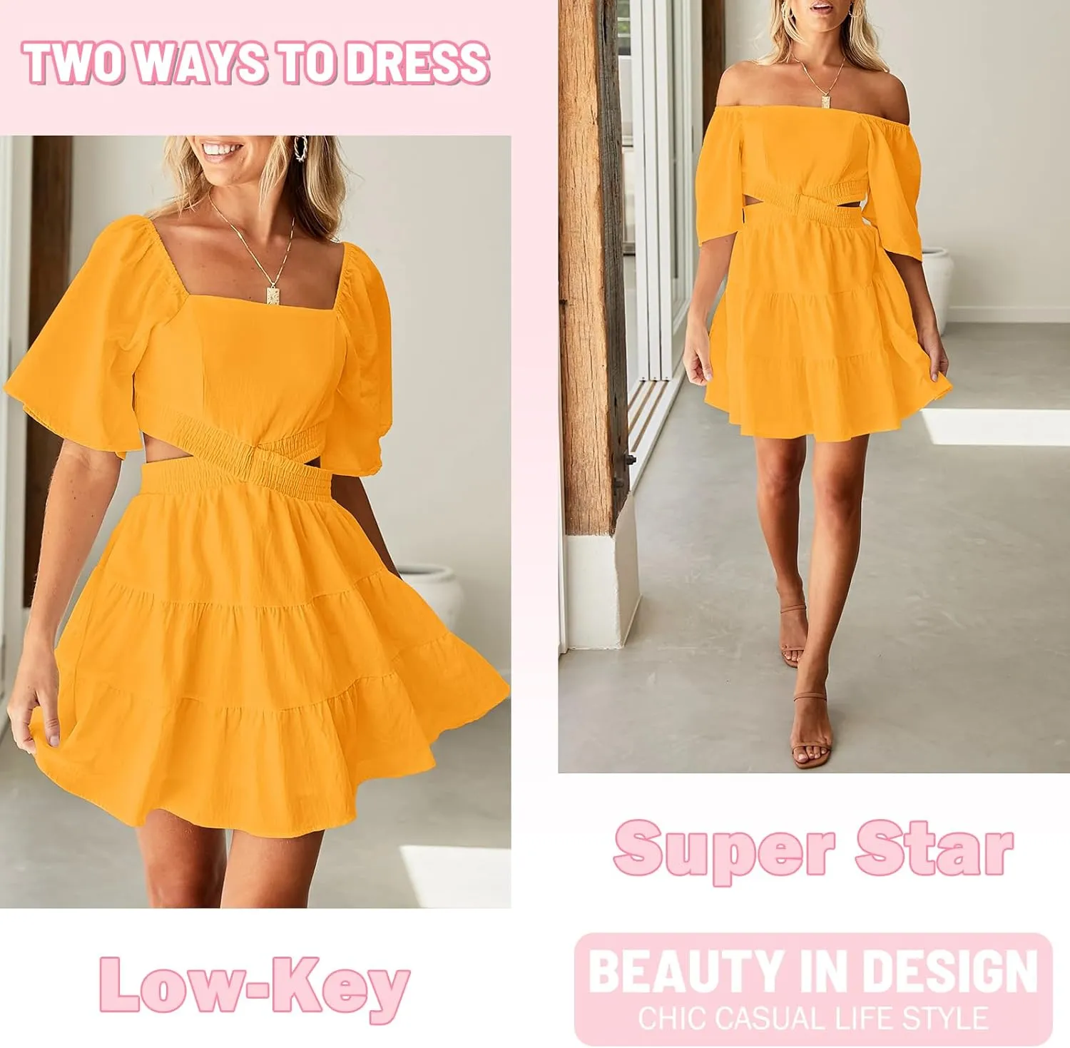 Senllen Womens Summer Dresses 2025 Short-Sleeve Square Neck Mini Dress Crossover Elastic Waist Casual Party Tiered Dress