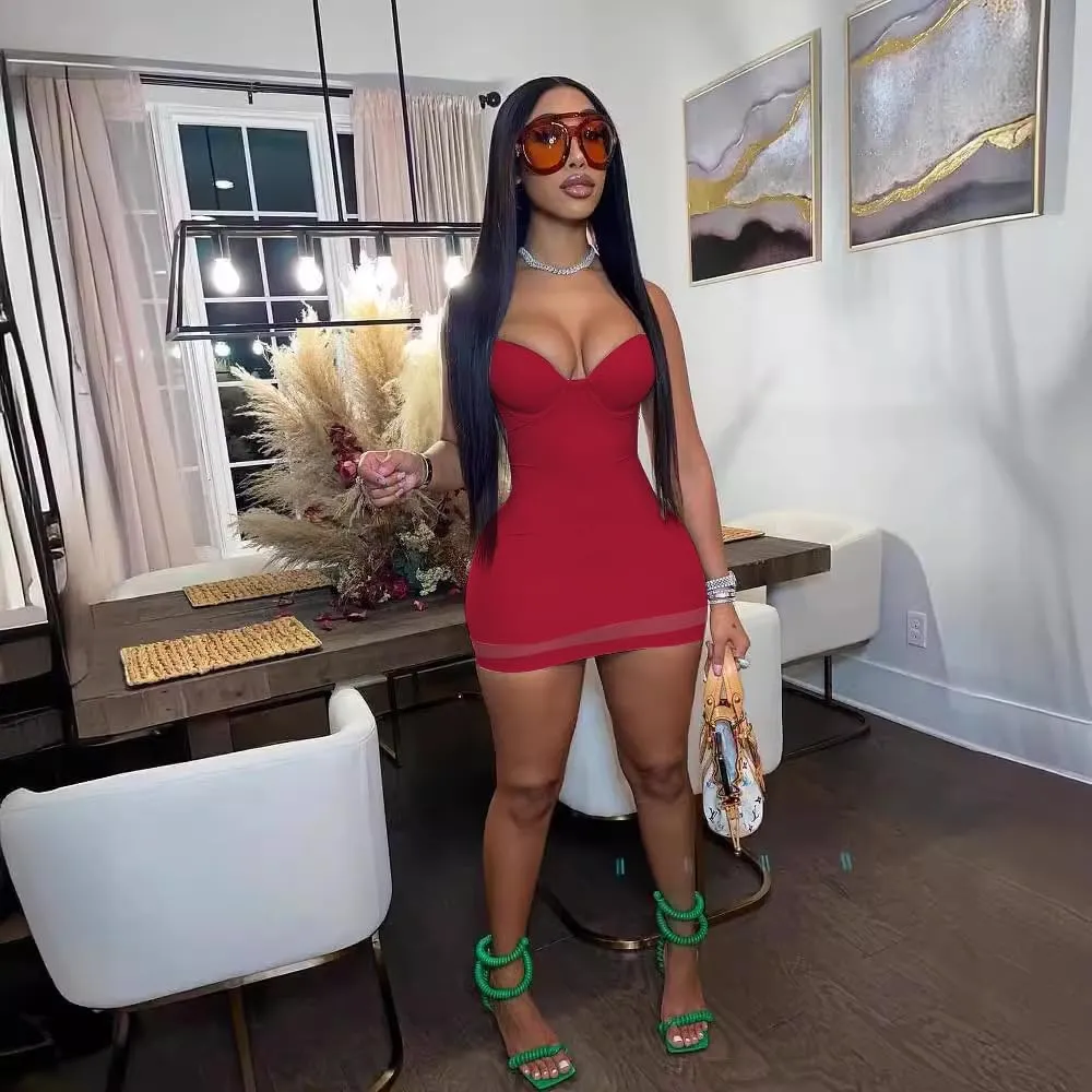 Sexy Bodycon Mini Dress for Women Sweetheart Neck Spaghetti Strap Mesh Hem Party Club Night Out Short Dresses