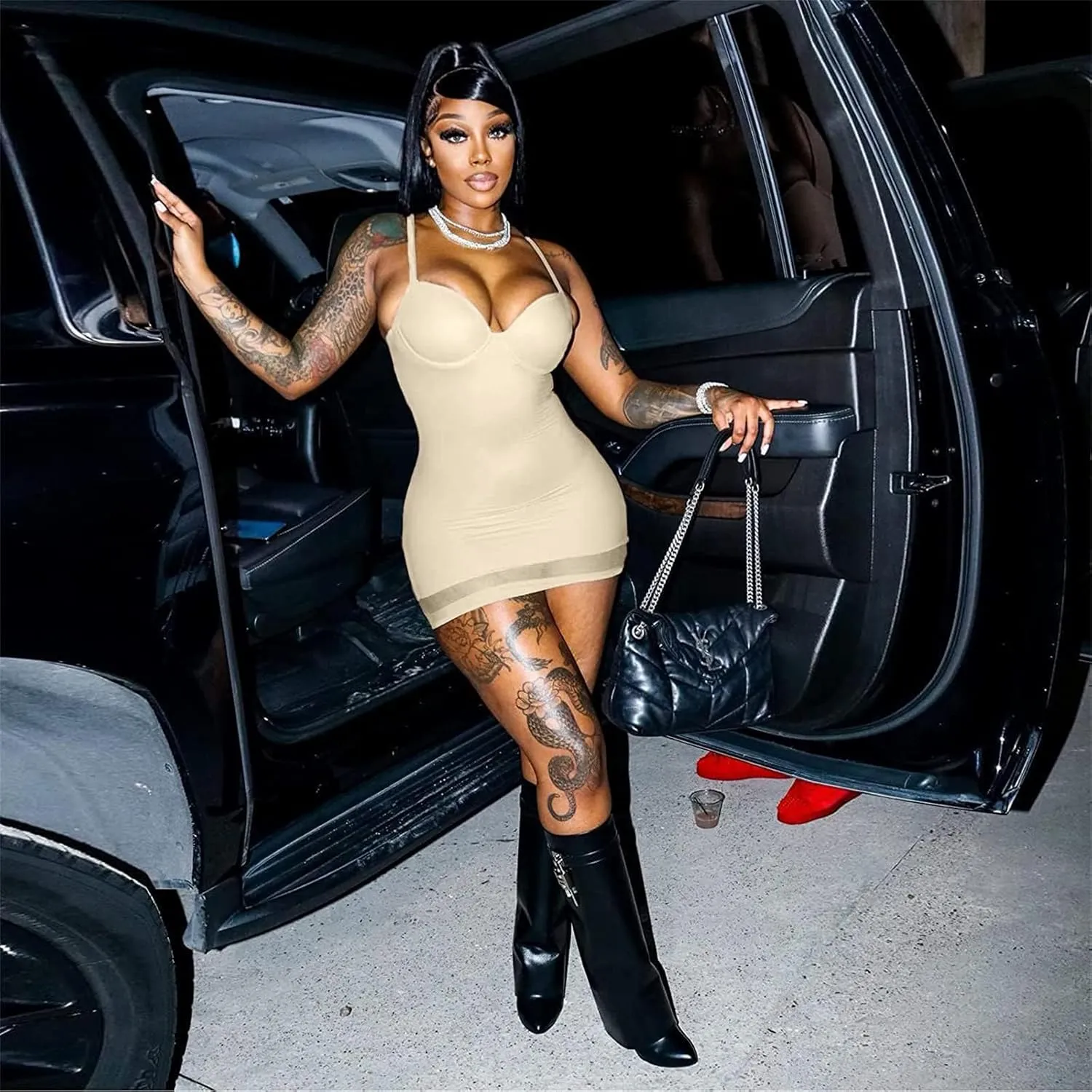 Sexy Bodycon Mini Dress for Women Sweetheart Neck Spaghetti Strap Mesh Hem Party Club Night Out Short Dresses