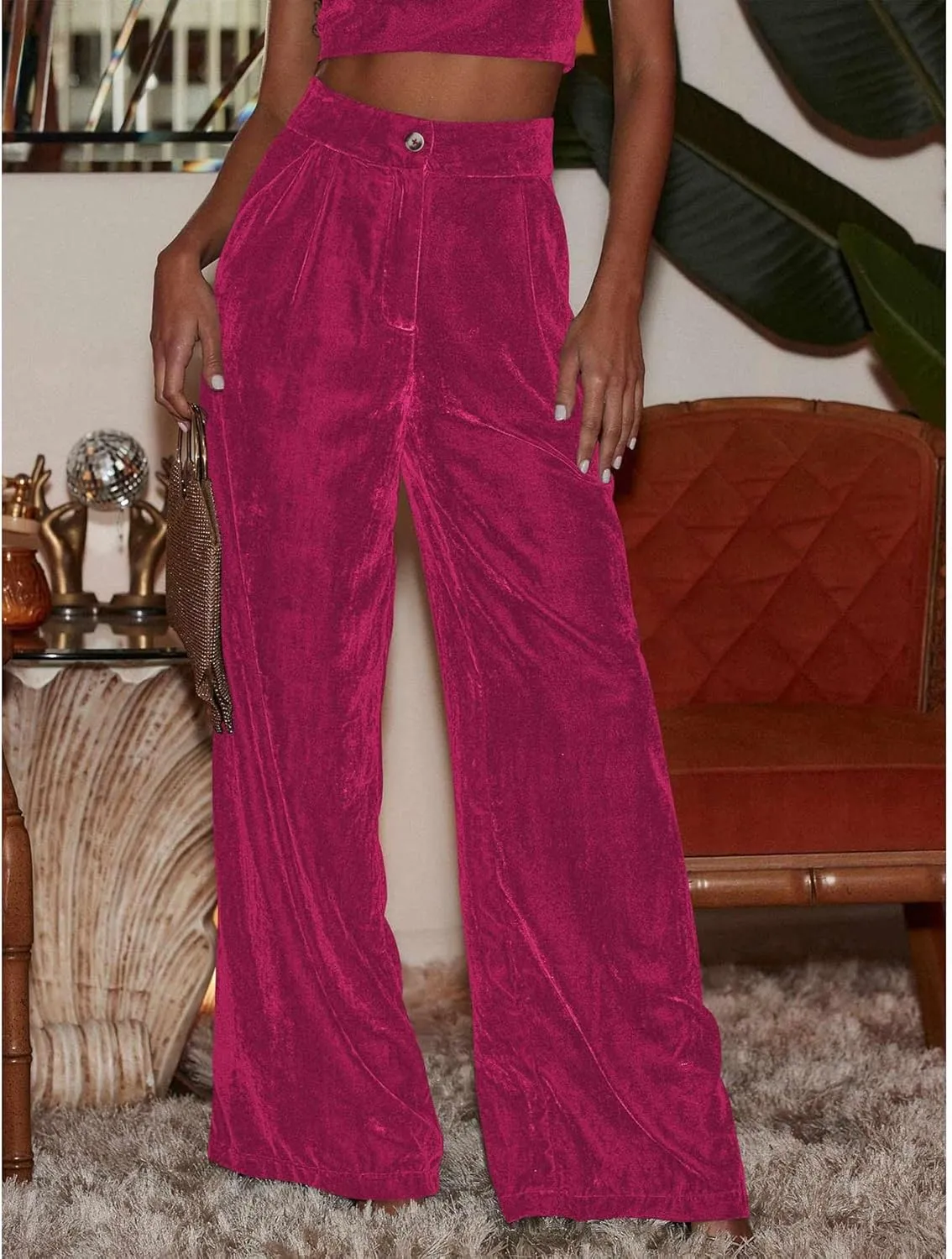 Sexyshine Women's Velvet Flare Leg High Waist Wide Leg Palazzo Pants Bell Bottom Long Flowy Trousers with Pockets