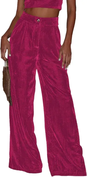 Sexyshine Women's Velvet Flare Leg High Waist Wide Leg Palazzo Pants Bell Bottom Long Flowy Trousers with Pockets