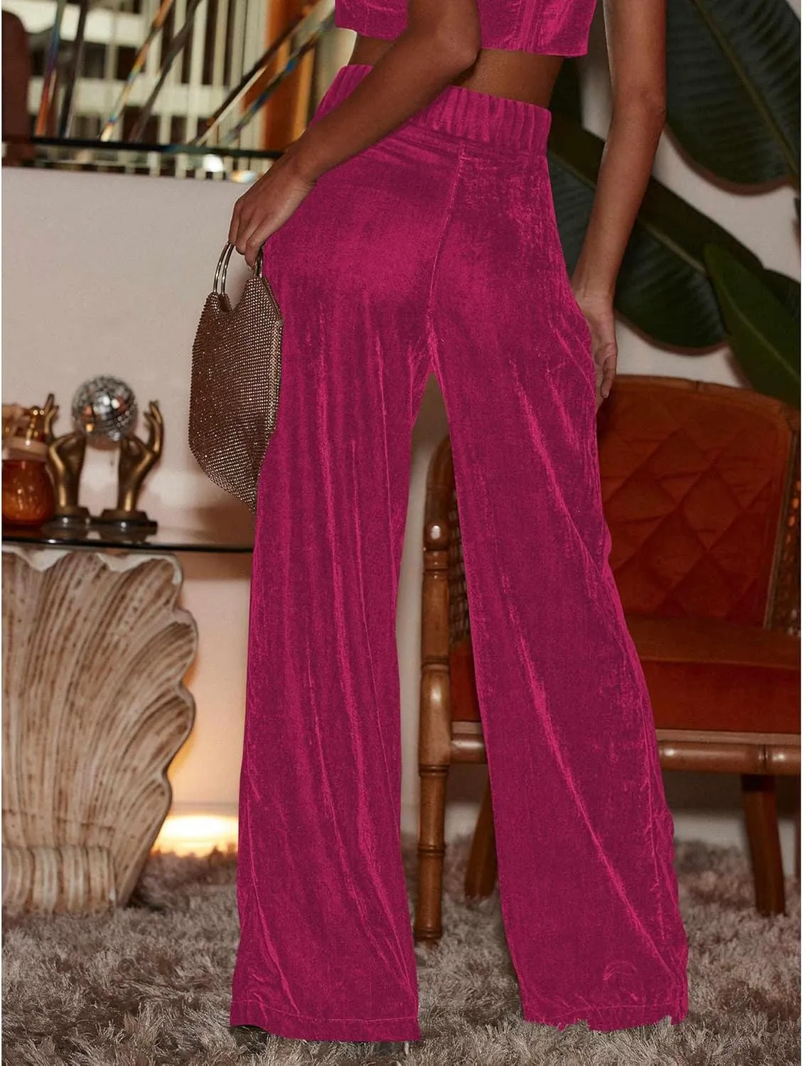 Sexyshine Women's Velvet Flare Leg High Waist Wide Leg Palazzo Pants Bell Bottom Long Flowy Trousers with Pockets