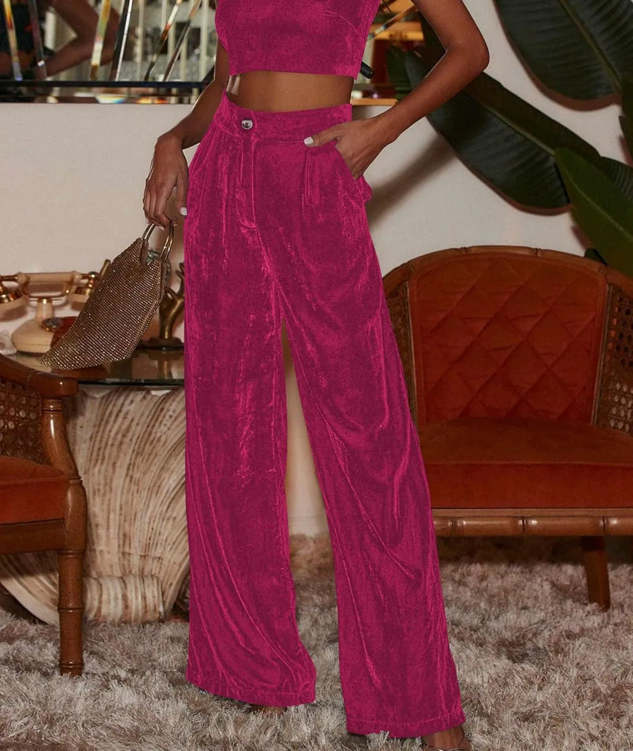 Sexyshine Women's Velvet Flare Leg High Waist Wide Leg Palazzo Pants Bell Bottom Long Flowy Trousers with Pockets