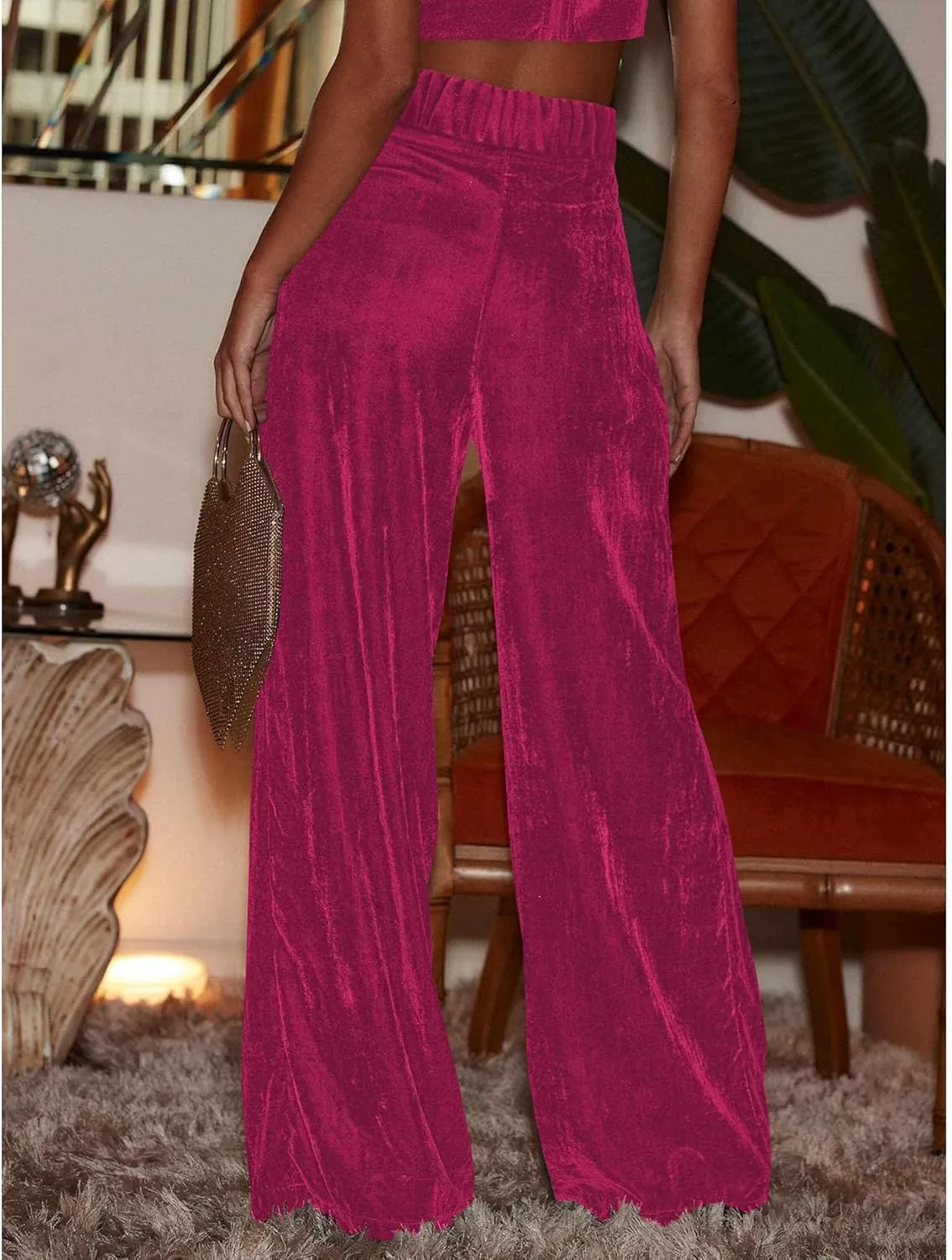 Sexyshine Women's Velvet Flare Leg High Waist Wide Leg Palazzo Pants Bell Bottom Long Flowy Trousers with Pockets