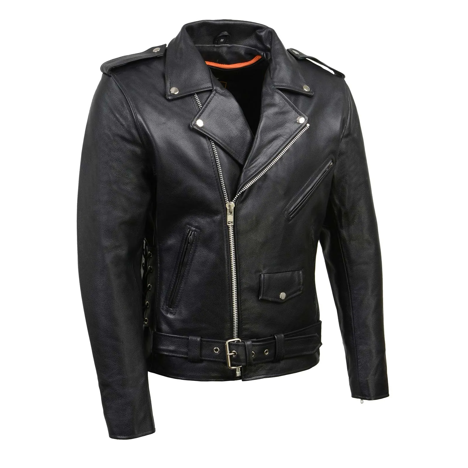 SH1011 Black Classic Brando Motorcycle Jacket for Men Made of Cowhide Leather w/ Side Lacing