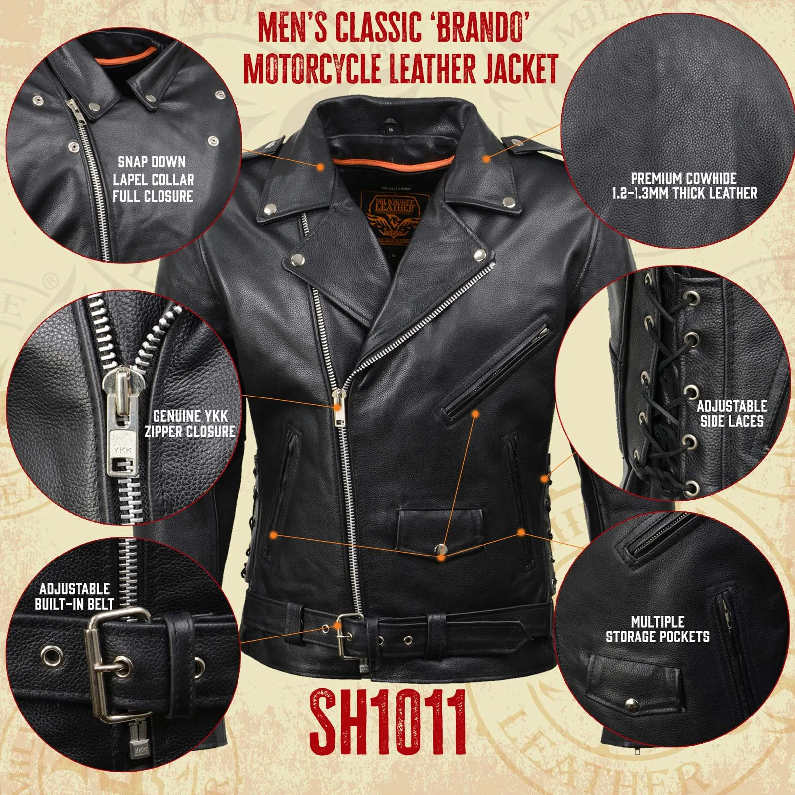 SH1011 Black Classic Brando Motorcycle Jacket for Men Made of Cowhide Leather w/ Side Lacing