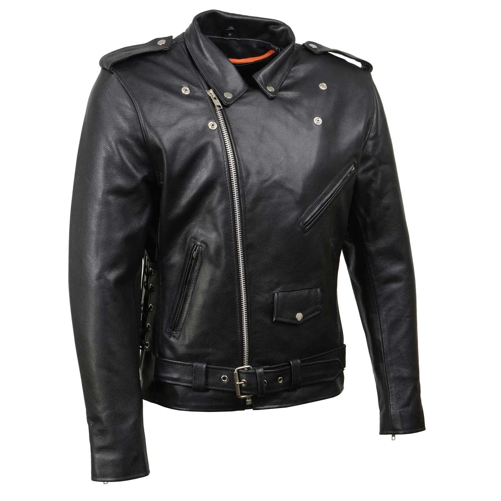 SH1011 Black Classic Brando Motorcycle Jacket for Men Made of Cowhide Leather w/ Side Lacing