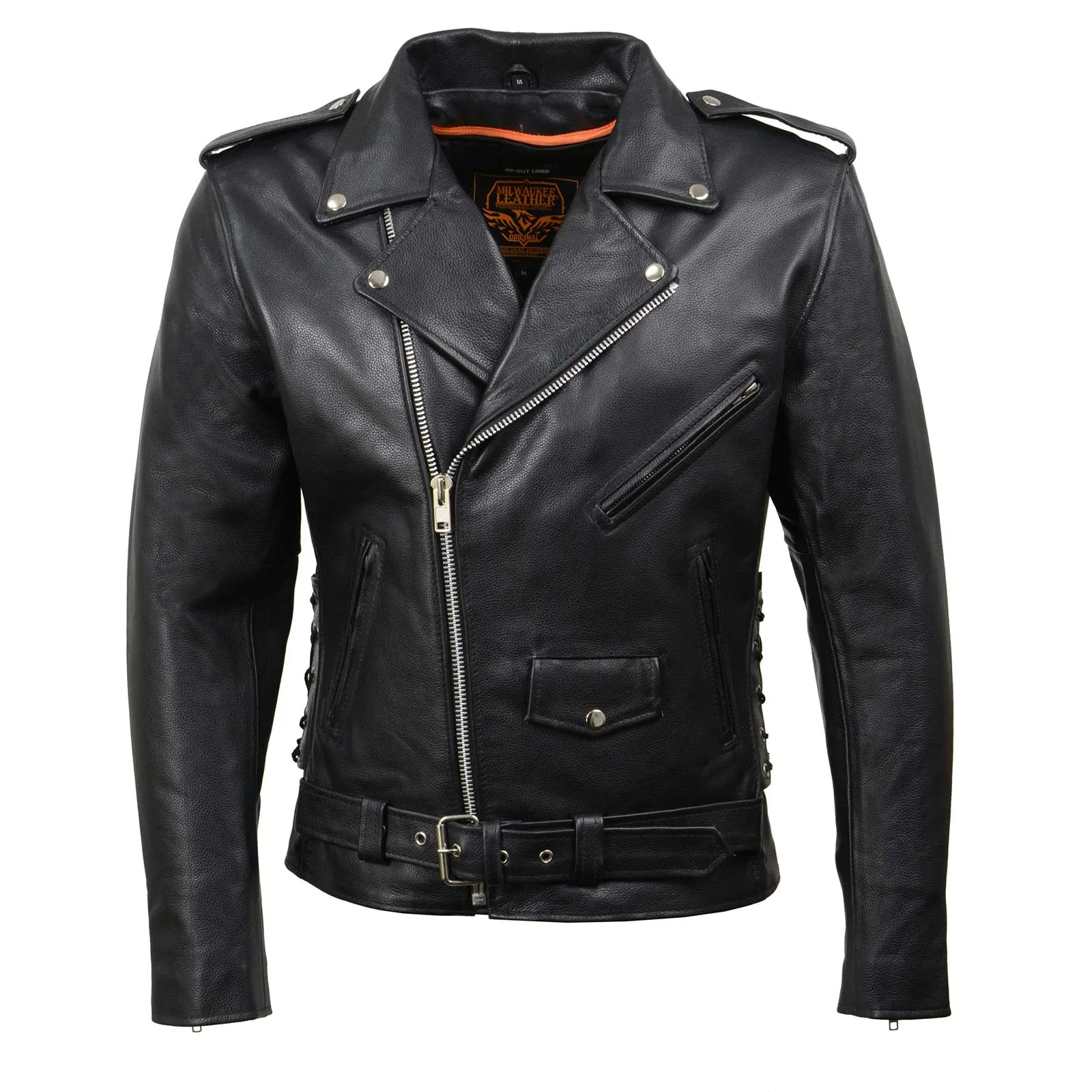 SH1011 Black Classic Brando Motorcycle Jacket for Men Made of Cowhide Leather w/ Side Lacing