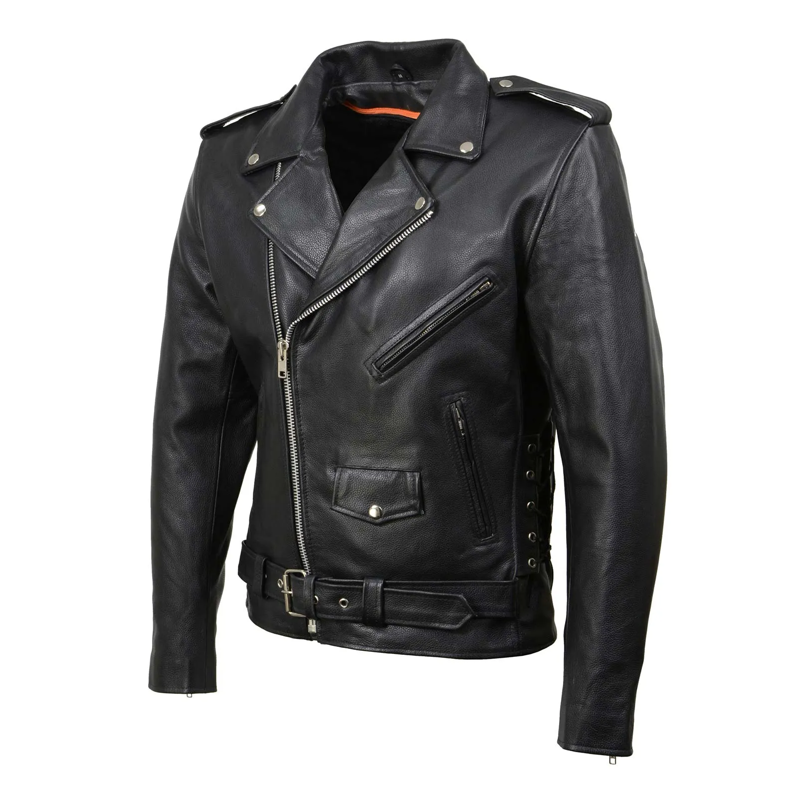 SH1011 Black Classic Brando Motorcycle Jacket for Men Made of Cowhide Leather w/ Side Lacing