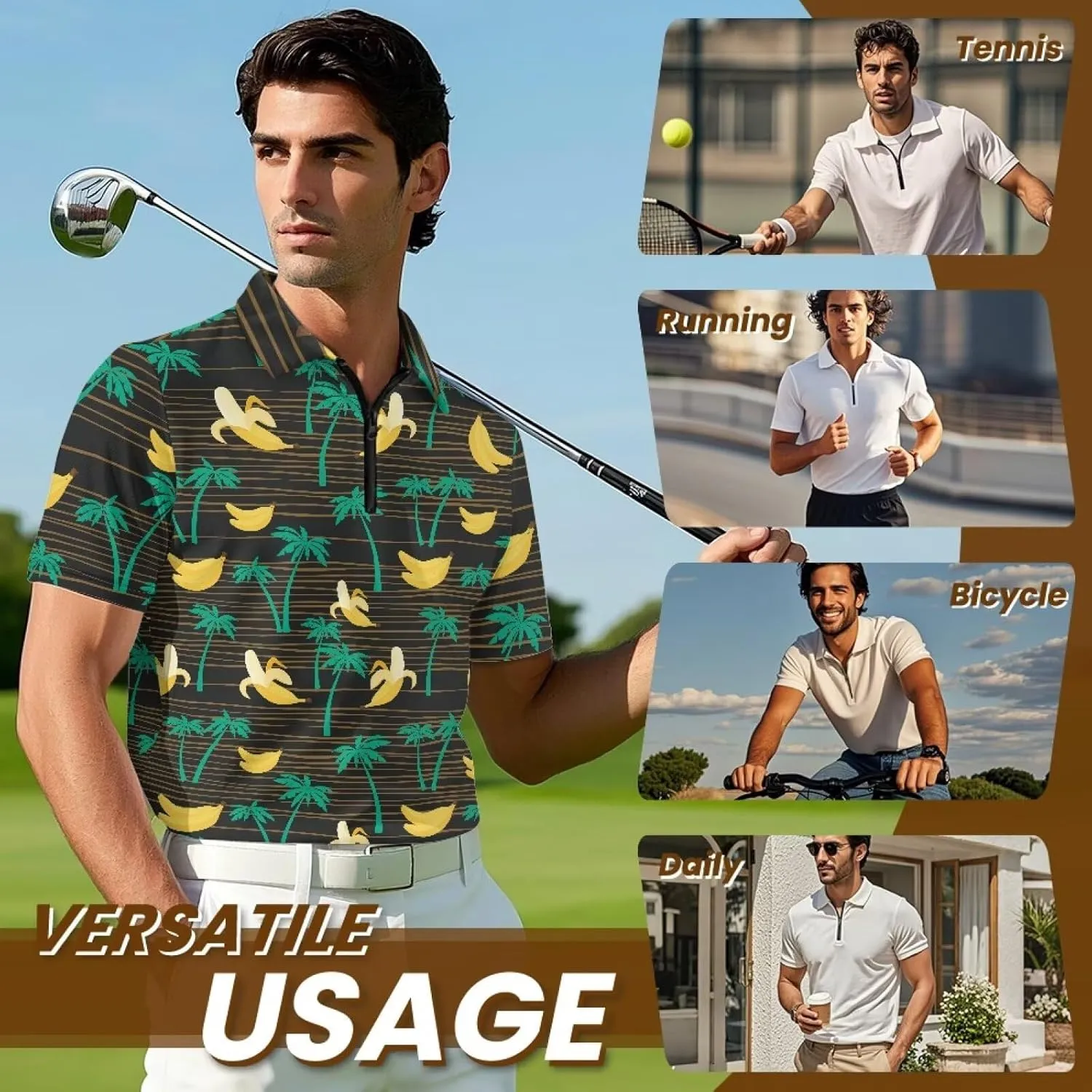 Shirts for Men Short Sleeve Outdoor Golf Shirt Summer Zipper Athletic Tennis Shirt Casual Slim Fit Golf Shirts