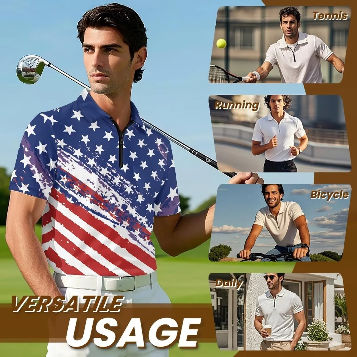 Shirts for Men Short Sleeve Outdoor Golf Shirt Summer Zipper Athletic Tennis Shirt Casual Slim Fit Golf Shirts