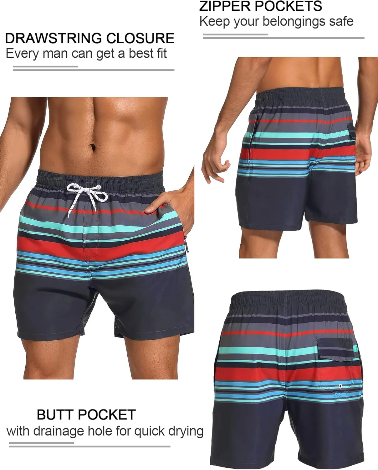 SILKWORLD Mens Swim Trunks with Compression Liner 2 in 1 Quick Dry Bathing Suit Beach Shorts with Zipper Pockets