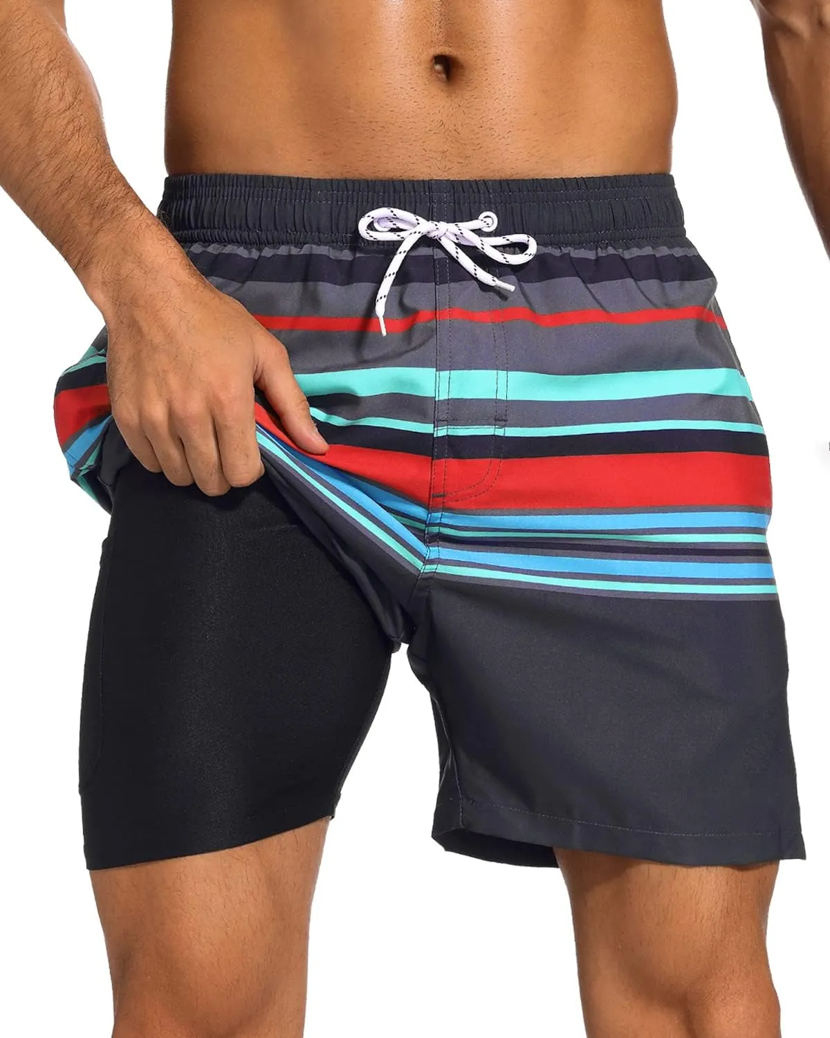 SILKWORLD Mens Swim Trunks with Compression Liner 2 in 1 Quick Dry Bathing Suit Beach Shorts with Zipper Pockets