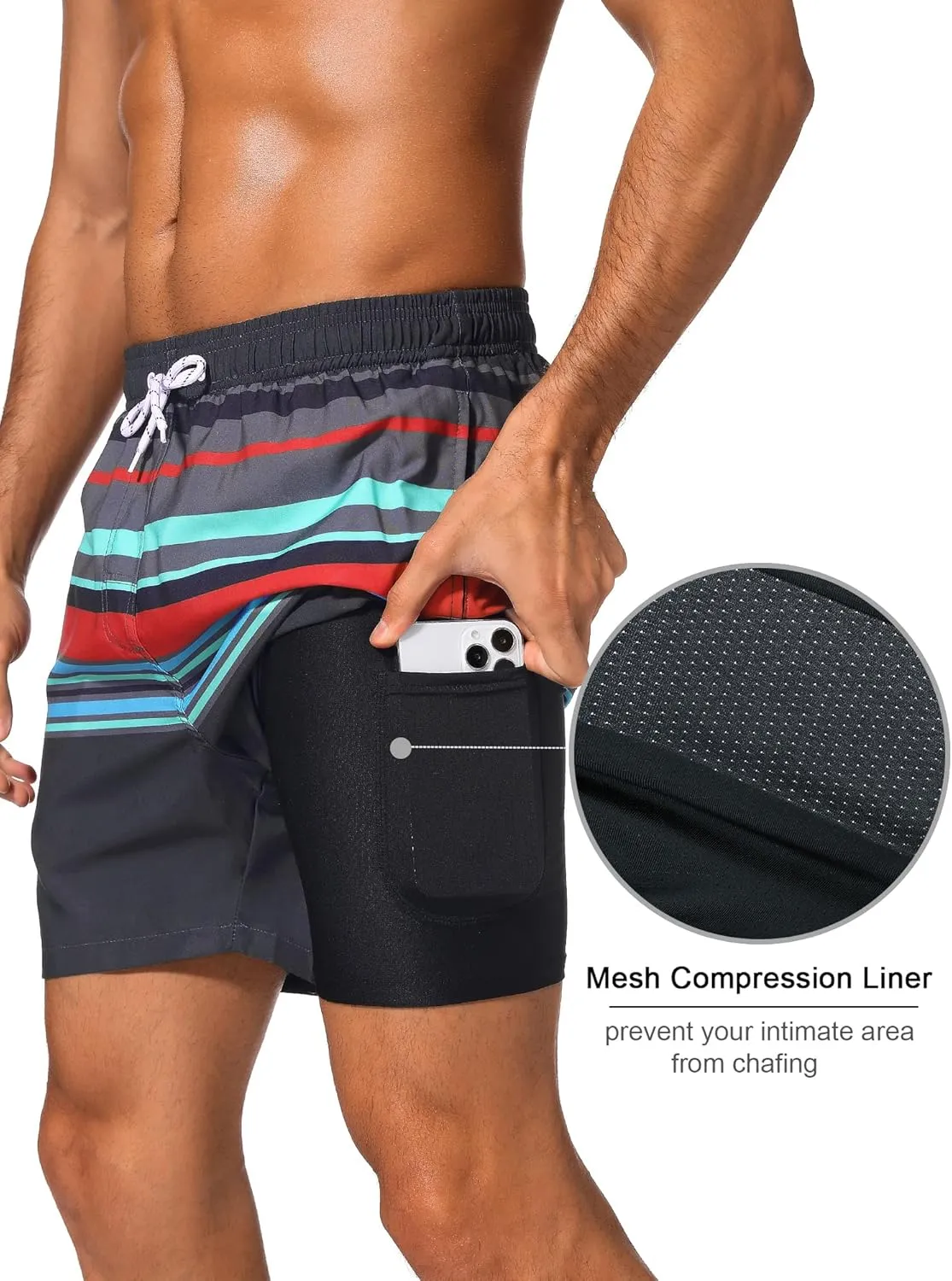 SILKWORLD Mens Swim Trunks with Compression Liner 2 in 1 Quick Dry Bathing Suit Beach Shorts with Zipper Pockets