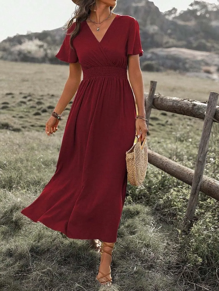 SKAYS Womens Wrap Double Split Short Sleeve Maxi Summer Dress V Neck Casual Flowy A Line Long Dress