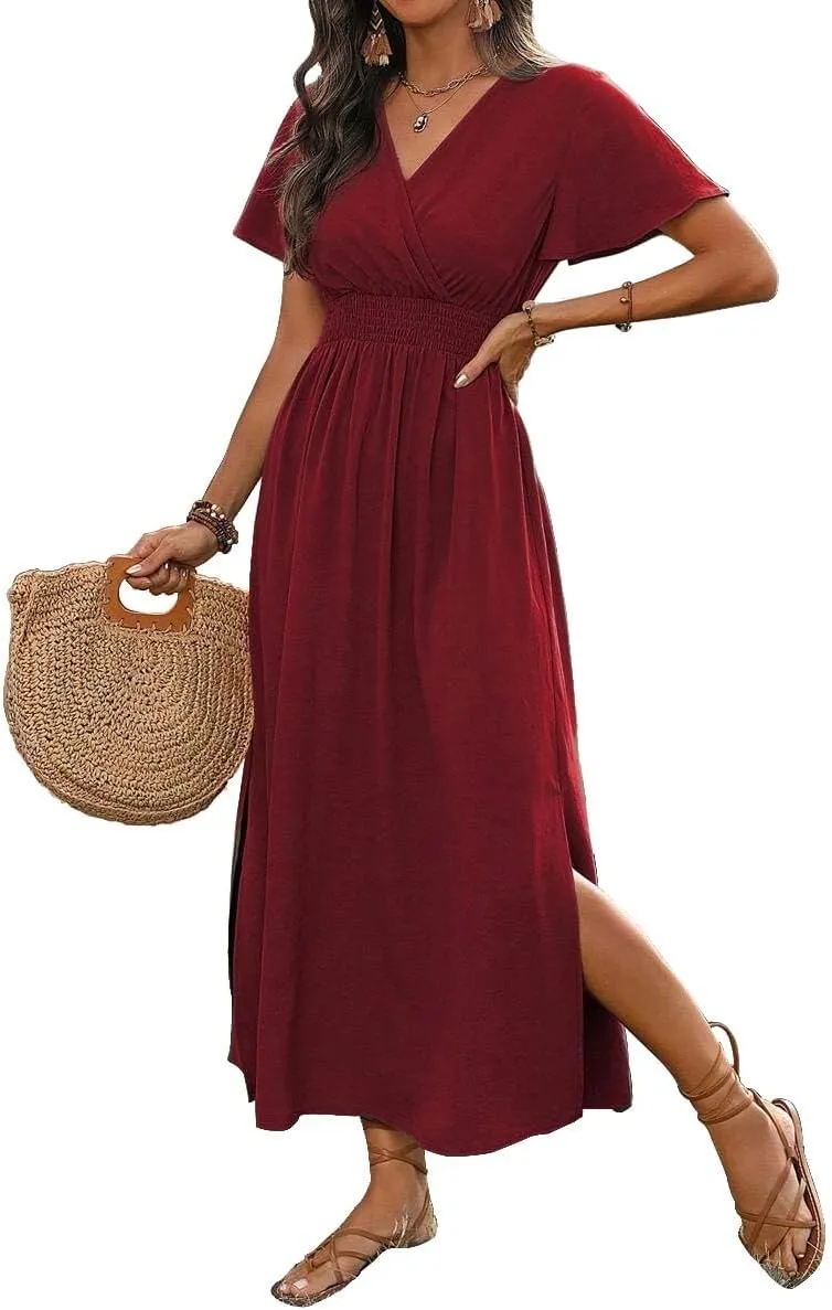 SKAYS Womens Wrap Double Split Short Sleeve Maxi Summer Dress V Neck Casual Flowy A Line Long Dress