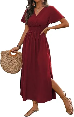 SKAYS Womens Wrap Double Split Short Sleeve Maxi Summer Dress V Neck Casual Flowy A Line Long Dress