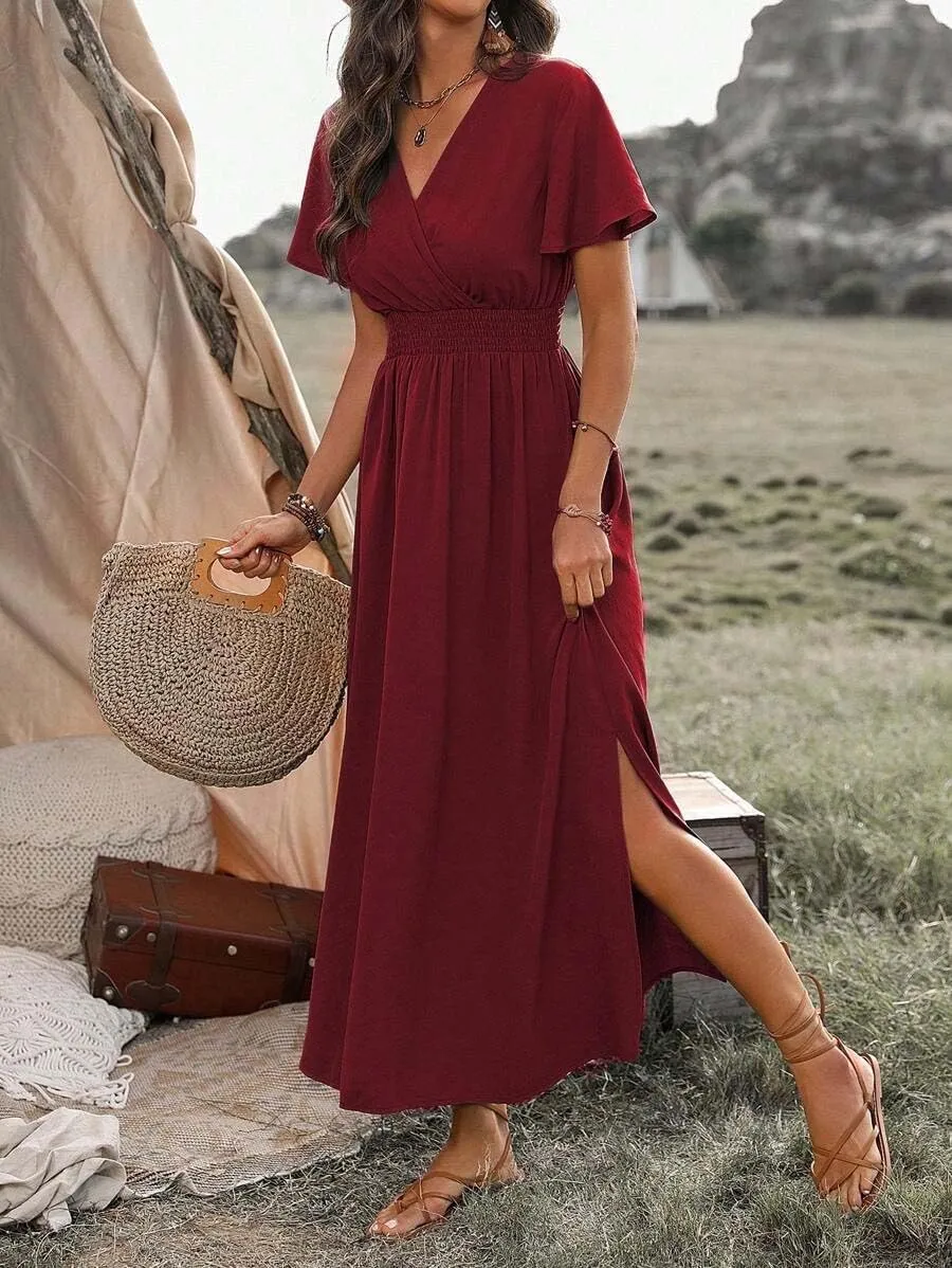 SKAYS Womens Wrap Double Split Short Sleeve Maxi Summer Dress V Neck Casual Flowy A Line Long Dress