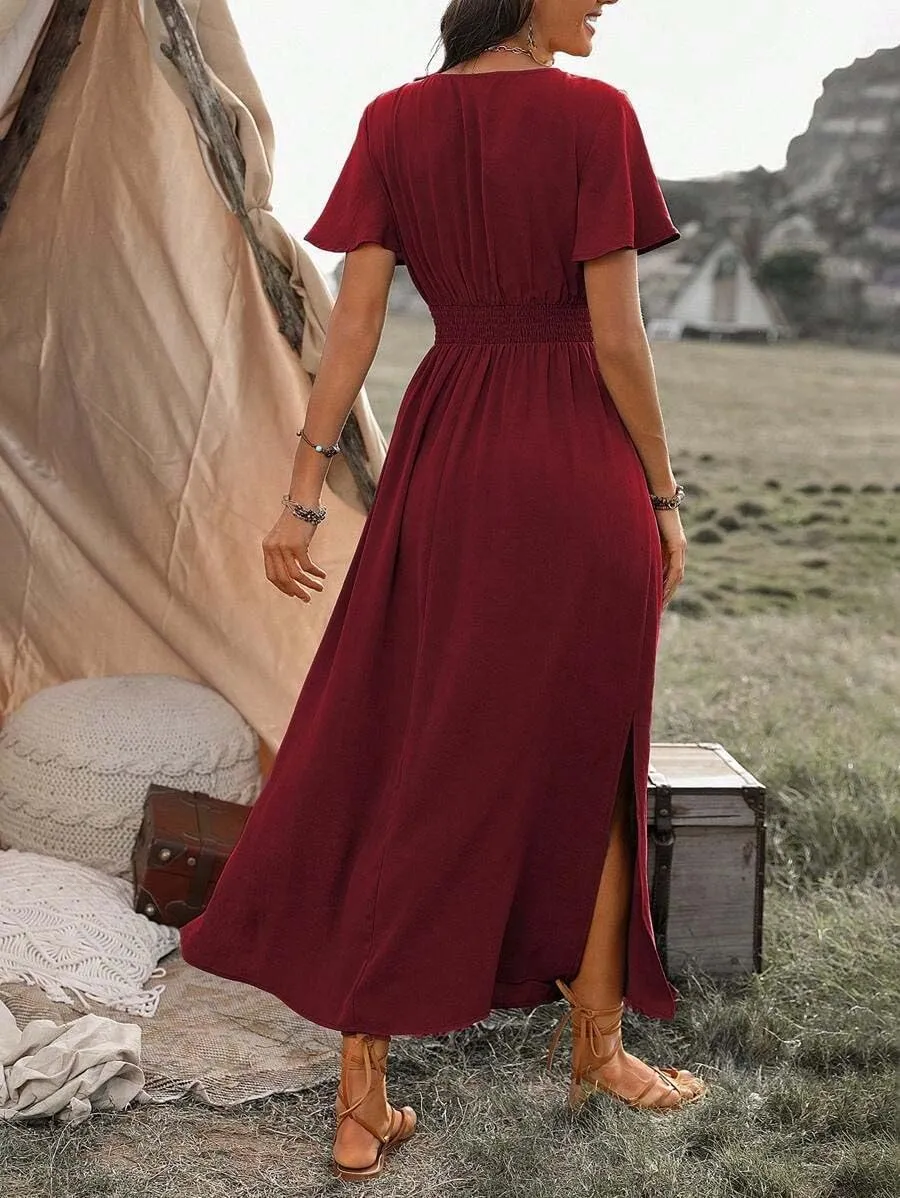SKAYS Womens Wrap Double Split Short Sleeve Maxi Summer Dress V Neck Casual Flowy A Line Long Dress
