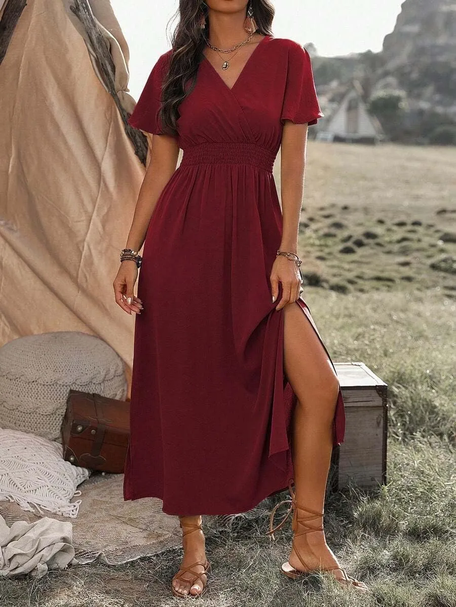 SKAYS Womens Wrap Double Split Short Sleeve Maxi Summer Dress V Neck Casual Flowy A Line Long Dress