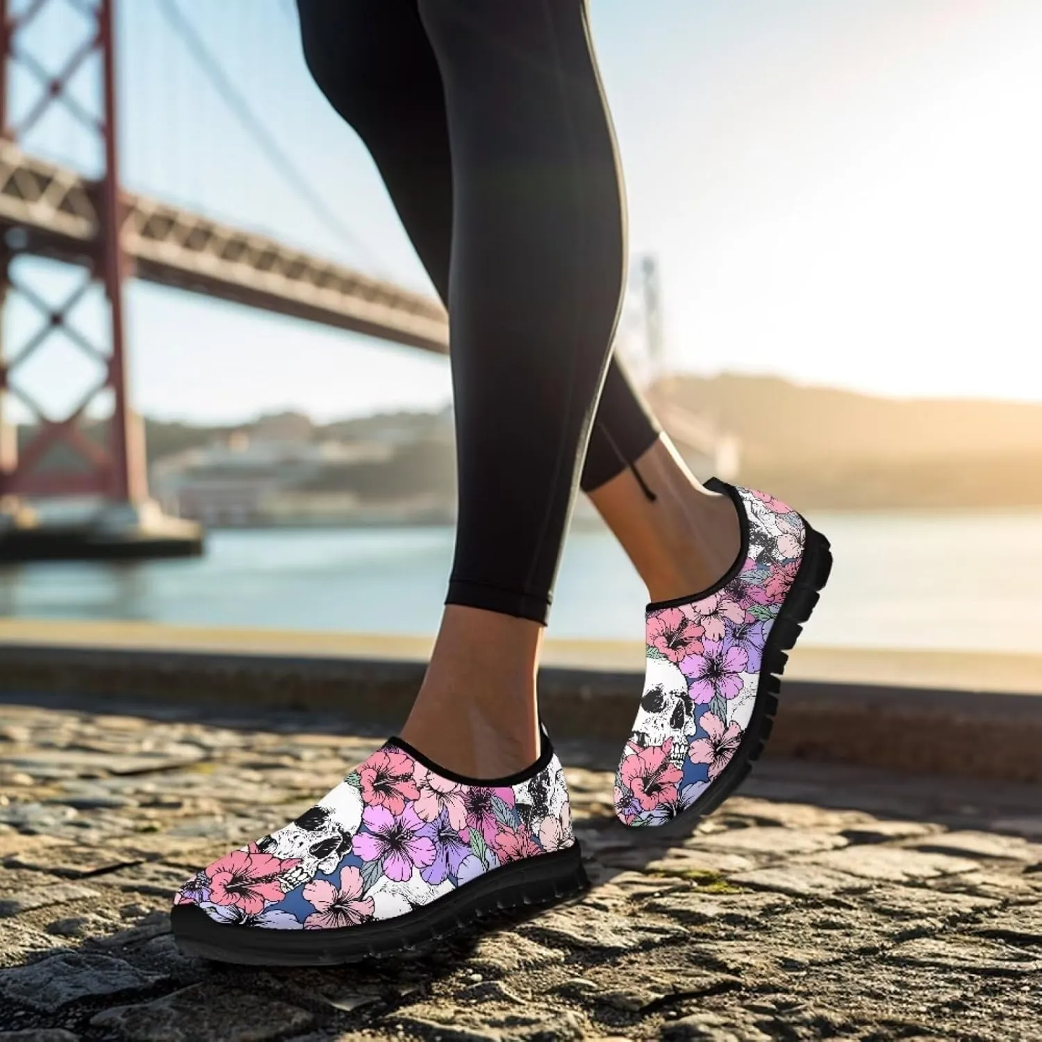 Skull Loafers Wide Width Shoes for Women Slip On Low Cut Sneakers Flat Casual Business Travel Breathable Mesh Tennis Shoe