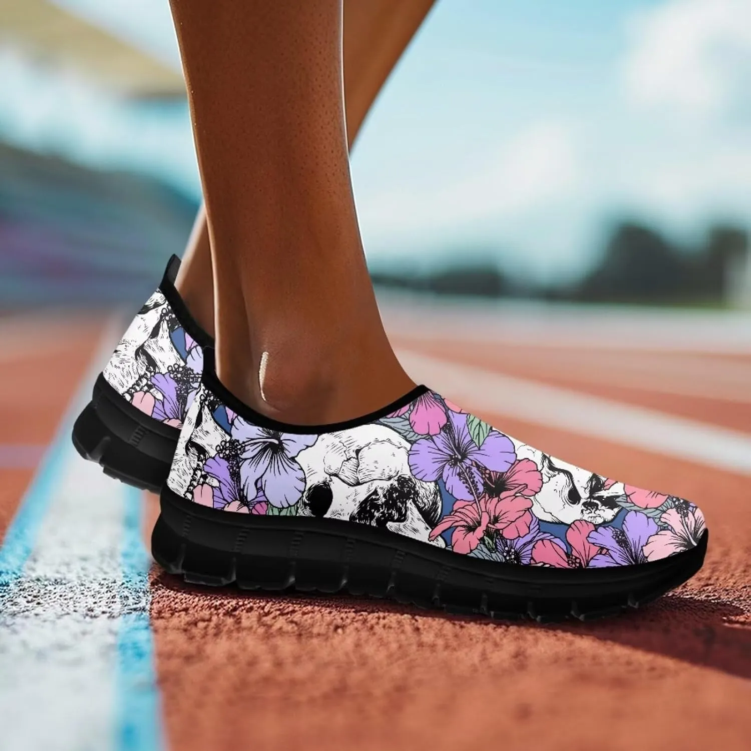 Skull Loafers Wide Width Shoes for Women Slip On Low Cut Sneakers Flat Casual Business Travel Breathable Mesh Tennis Shoe