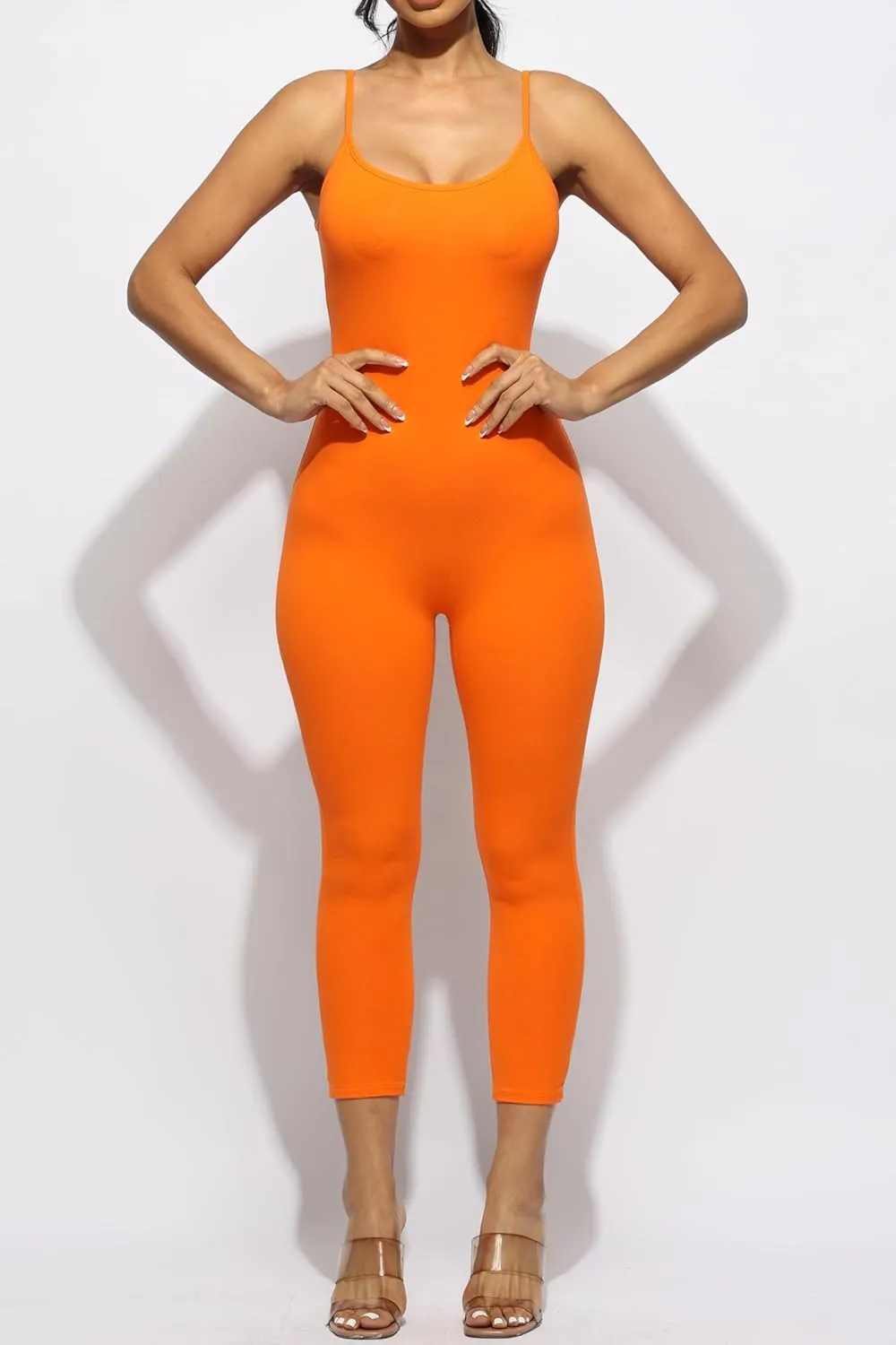 Sleeveless Bodycon Jumpsuit Skinny Fit Hug Curves Adjustable Strap Stretchy Squat Proof Workout Gym