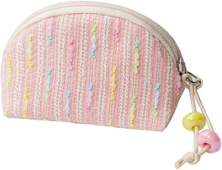 Small Cosmetic Bags, Shell Shaped Makeup Bag Embroidered Cotton Thread Aesthetics Zipper Pouch Travel Canvas Make Up Organizer Tool Pouch for Women (Pink)