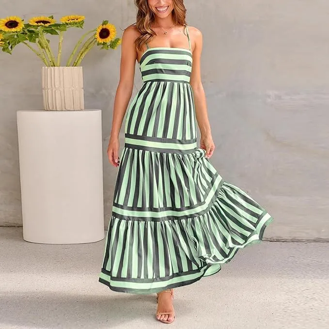 Smocked Maxi Dress for Women,Womens Striped Smocked Dress Sleeveless Cutout Backless Spaghetti Strap Boho Sundresses