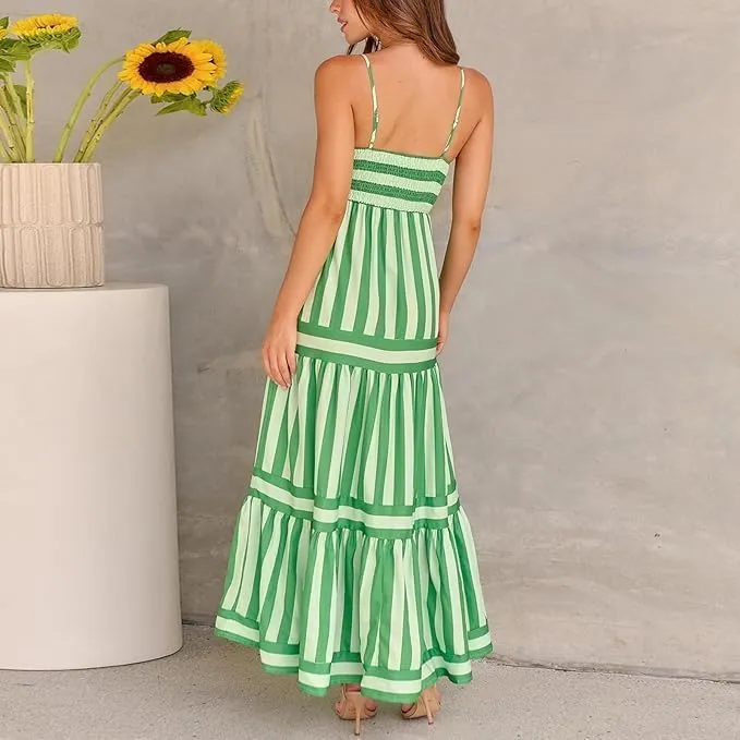 Smocked Maxi Dress for Women,Womens Striped Smocked Dress Sleeveless Cutout Backless Spaghetti Strap Boho Sundresses