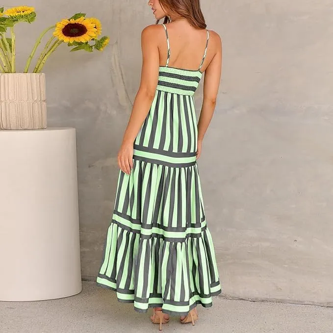 Smocked Maxi Dress for Women,Womens Striped Smocked Dress Sleeveless Cutout Backless Spaghetti Strap Boho Sundresses