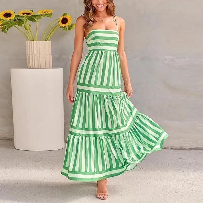 Smocked Maxi Dress for Women,Womens Striped Smocked Dress Sleeveless Cutout Backless Spaghetti Strap Boho Sundresses