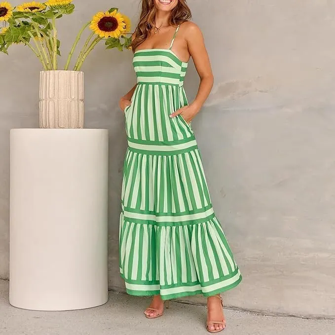 Smocked Maxi Dress for Women,Womens Striped Smocked Dress Sleeveless Cutout Backless Spaghetti Strap Boho Sundresses