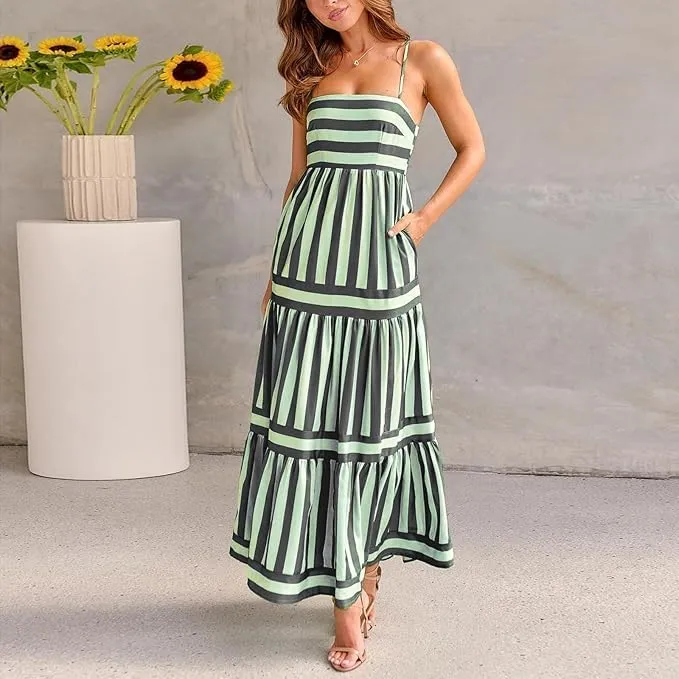 Smocked Maxi Dress for Women,Womens Striped Smocked Dress Sleeveless Cutout Backless Spaghetti Strap Boho Sundresses