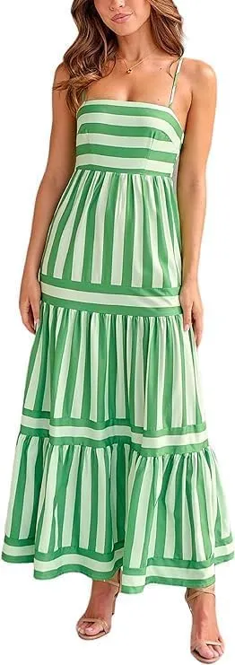 Smocked Maxi Dress for Women,Womens Striped Smocked Dress Sleeveless Cutout Backless Spaghetti Strap Boho Sundresses