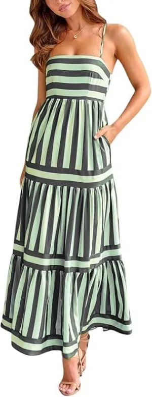Smocked Maxi Dress for Women,Womens Striped Smocked Dress Sleeveless Cutout Backless Spaghetti Strap Boho Sundresses